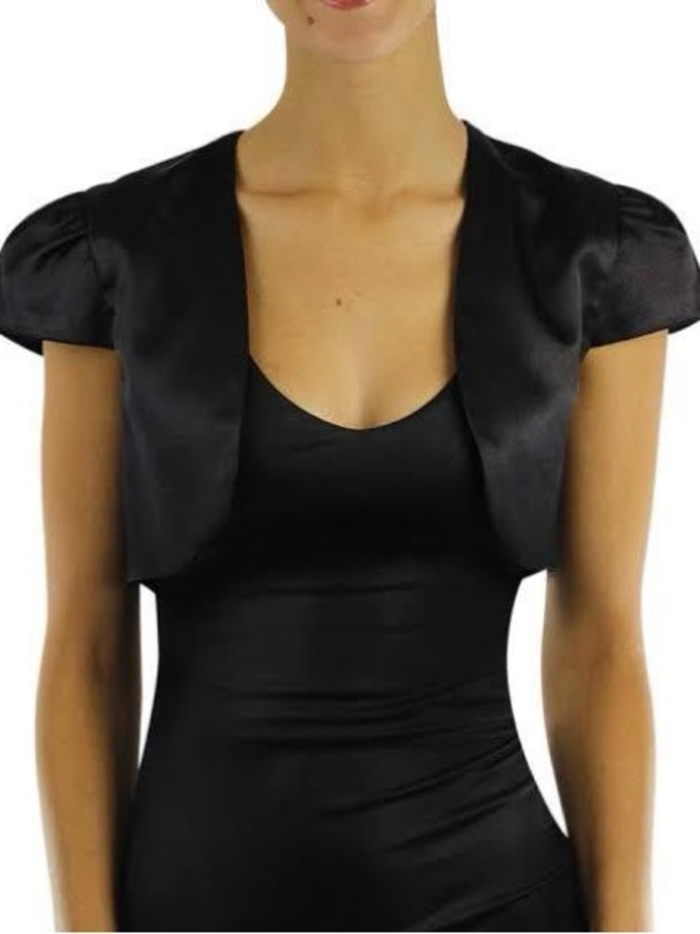 Black Satin Short Sleeve Cropped Bolero - Women